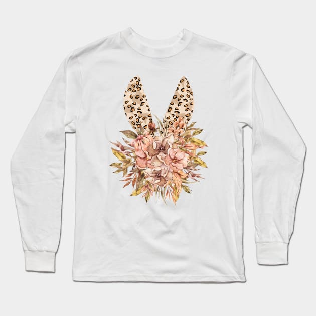 Cute leopard floral boho bunny ears illustration Long Sleeve T-Shirt by tiana geo